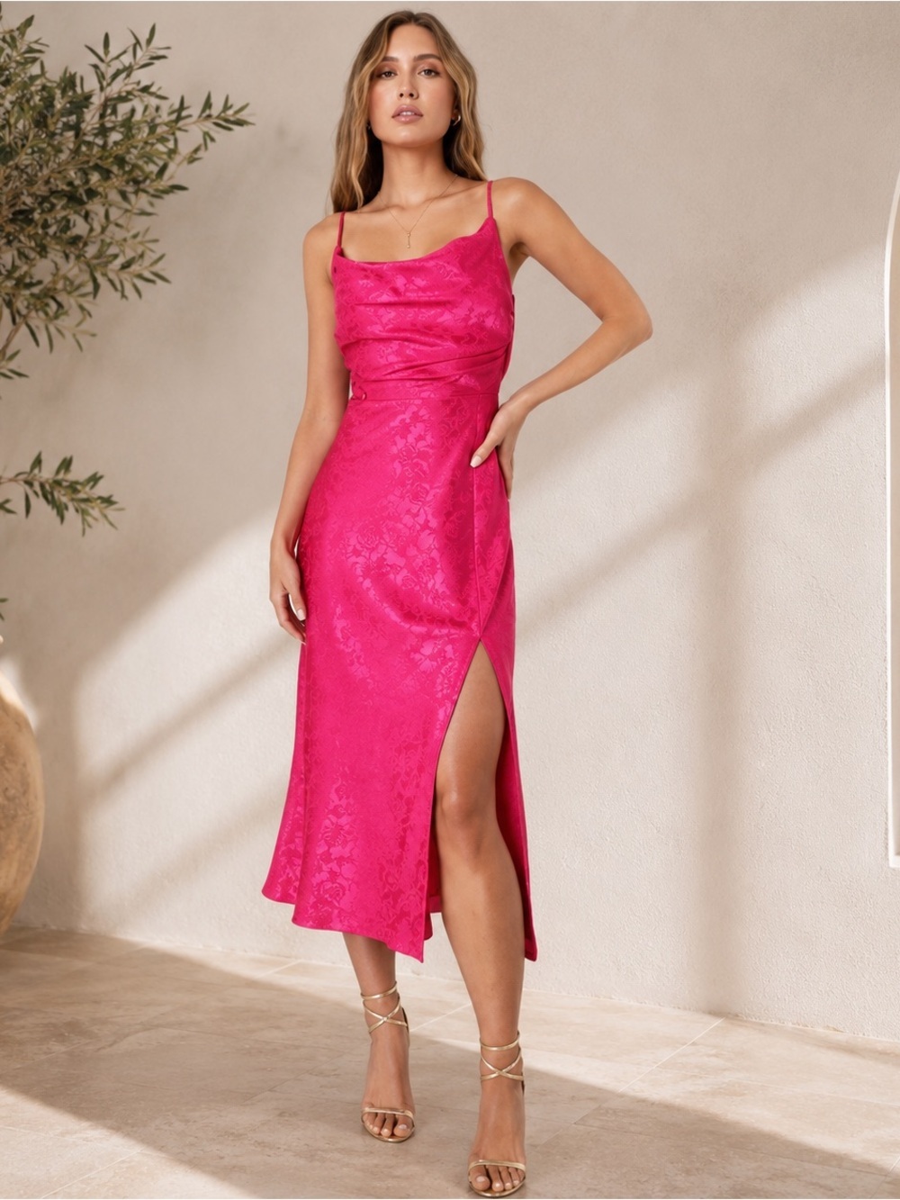 Stunning Formal Radiance Hot Pink Satin Jacquard Cowl Midi Dress, NWT, Size XS - Picture 2 of 15